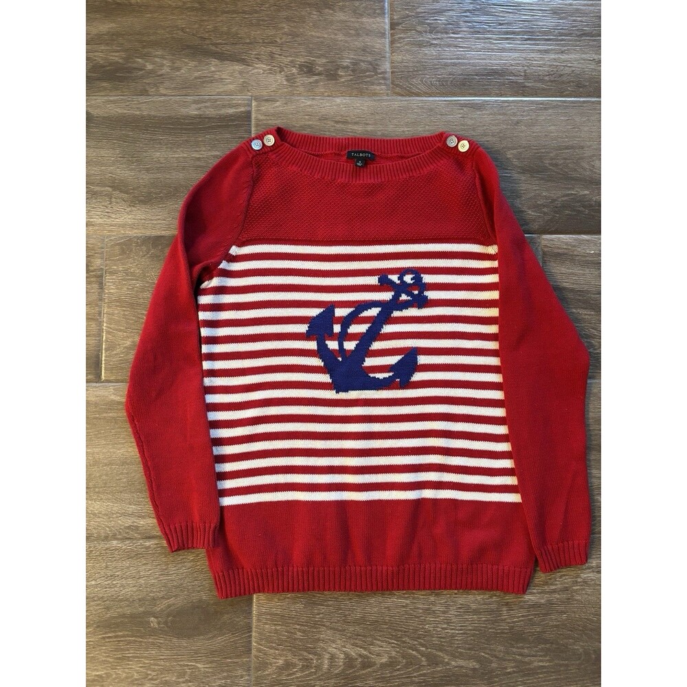 Talbots Nautical Boat Neck Sweater Red White‎ Stripe Blue Anchor Size M